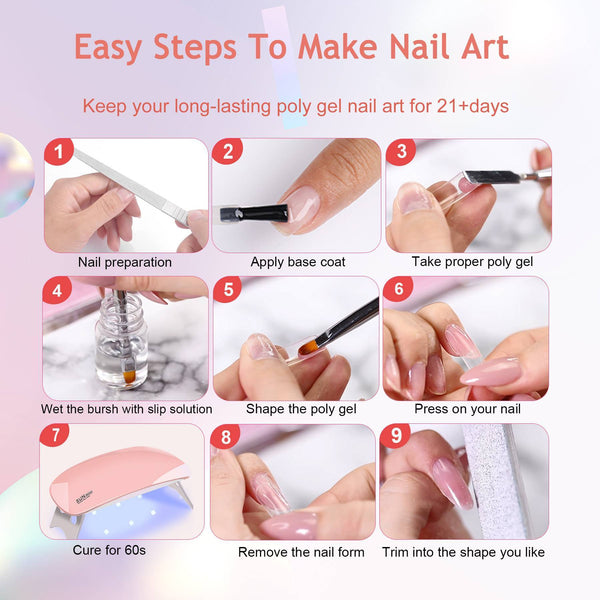 6 PCS Poly Gel Nail Kit With UV Lamp, Top Base Coat Builder Nails Art Tools